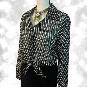 Alternative Style Mesh Long Sleeve Striped Tie Front Button Up Top